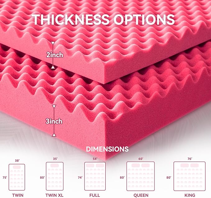 SINWEEK 2 Inch Egg Crate Memory Foam Mattress Topper King Size, Soft Mattress Pad for Back Pain Relief, Bed Topper, CertiPUR-US Certified, Pink