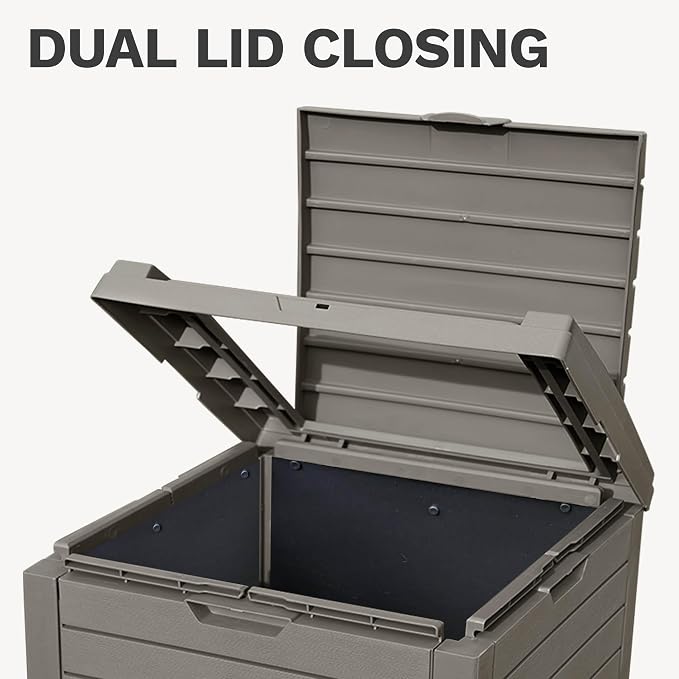 DWVO 38 Gallon Large Outdoor Trash Can, 2-Pack Waterproof Resin Hideaway Garbage Bin with Lid and Drip Tray, Outside Trash Bin for Porch, Backyard, Deck, Patio, Poolside, Easy to Clean, Taupe - Image 4