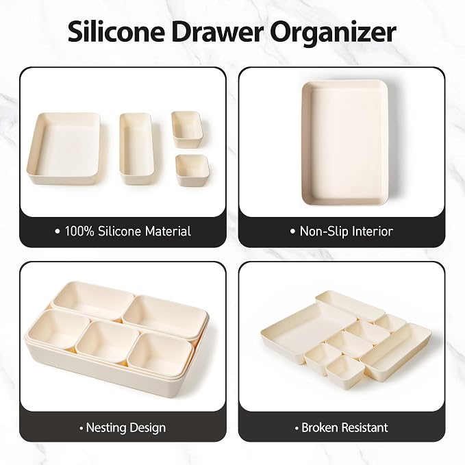 ISSEVE 8Pcs Nesting Silicone Drawer Organizer Trays, 4 Size Versatile Vanity Bathroom & Desk Drawer Organizer Set Storage Bins for Office,Kitchen,Nightstand,White - Image 8