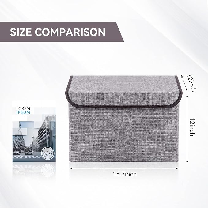 Bagnizer Large 17" 42 Quarts Collapsible Stackable Storage Bins with Lids [3-Pack] Foldable Fabric Linen Storage Boxes Cube, Closet Organizer Baskets with Label for Home (16.7 x 12 x 12, Gray) - Image 2