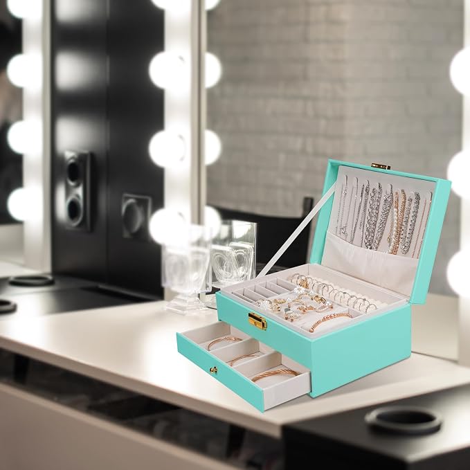 GUOER Jewelry Box for Women Girl Wife - Large PU Leather Jewelry Organizer Storage Case with Two Layers Display for Earrings Bracelets Rings Watches (Teal) - Image 7