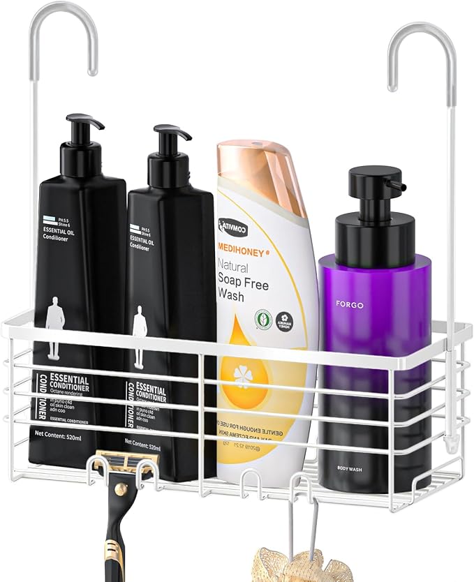SHANSHUI Shower Caddy Hanging Bathroom Organizer Basket, Shampoo Bracket, Over Door Showers Caddy with Hooks, 304 Stainless Steel Rust Proof Rack- White by SHANSHUI
