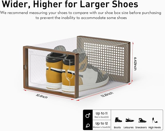 Kuject X-Large Shoe Storage Boxes Organizers for Closet 12 Pack, Fit Size 11,Clear Plastic Stackable Sneaker Containers for Entryway, Space Saving Shoe Rack, Brown - Image 2
