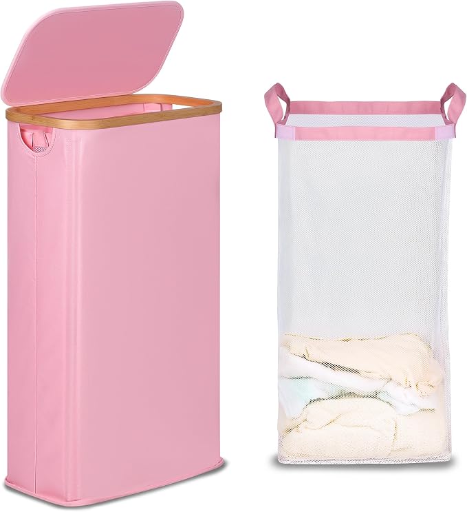 efluky Slim Laundry Basket with Lid, Narrow Laundry Hamper with Removable Bag, Skinny Dirty Clothes Basket with Bamboo Handles for Bathroom, Bedroom & Laundry Room, 63L Pink by efluky