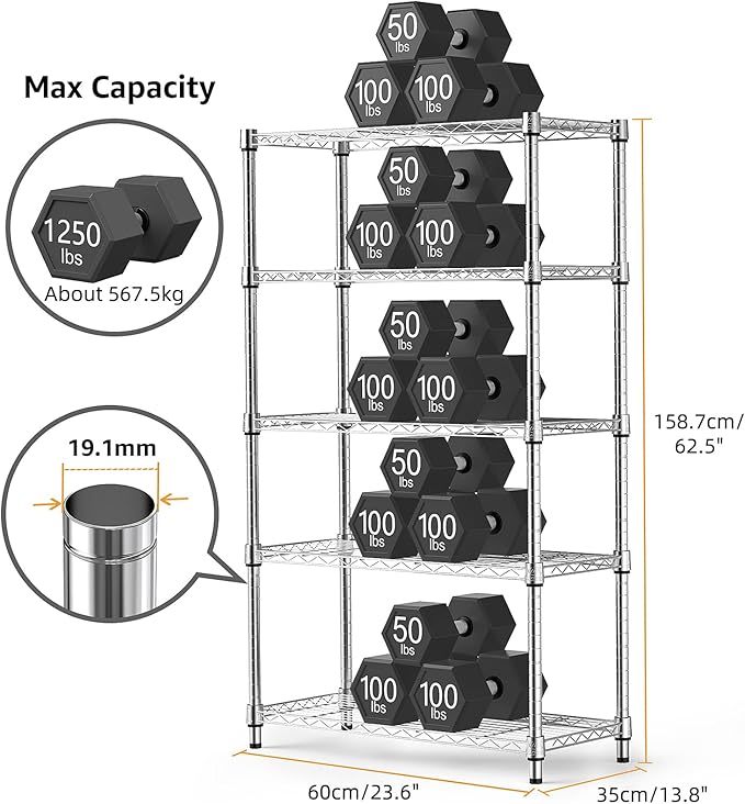 M MZG 1250 lbs Steel Heavy Duty 5-Tier Utility Shelving Unit Steel Organizer Wire Rack for Home,Kitchen,Office,Chrome (13.7" D x 23.6" W x 62.4" H) - Image 3