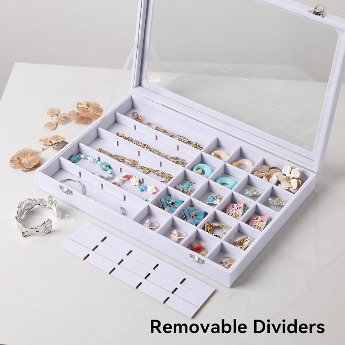 Frebeauty 40 Grid Jewelry Tray,Adjustable Earring Holder Organizer with Glass Lid,Velvet Drawer Jewelry Organizer for Rings,Studs,13.8 x 9.5 x 2 Inches Jewelry Display Box,Gift for Women(White) - Image 6