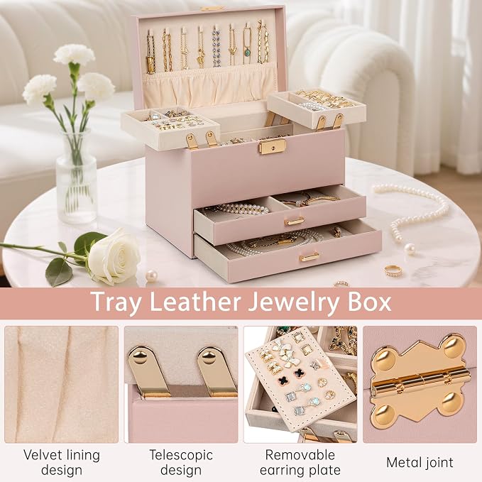 AKOZLIN Travel Jewelry Box Organizer Functional 2-trays Leather Jewelry Storage Case with Lockable Portable 2 Drawers for Women Girls Ring Necklace Earring Bracelet - Image 3