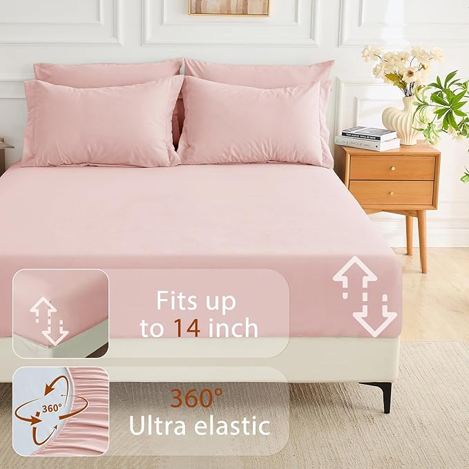 MUXHOMO 7 Pieces King Comforter Set, Soft Bed in a Bag King Size, All Season Bedding Set with Comforter, Flat Sheet, Fitted Sheet, Pillowcases & Shams, Pink