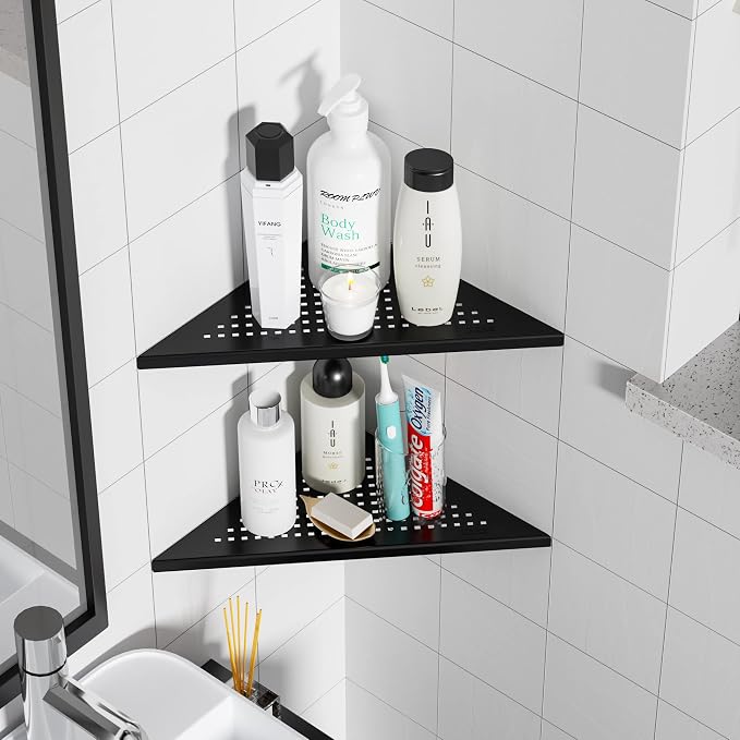 Qeke 2 Pack Bathroom Corner Shelf, Recessed 12" Corner Shower Shelf, SUS304 Stainless Steel Triangular Wall Mount, No Drilling, Matte Black - Image 8