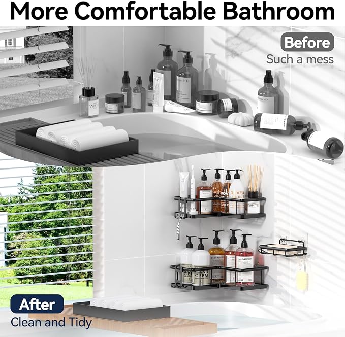 YASONIC Shower Caddy Corner, 3-Pack Adhesive Rustproof Stainless Steel Shower Shelves with Soap Holder, No Drilling Shower Organizer Corner for Dorm, Renters Bathroom, Black - Image 8