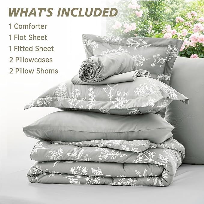 MUXHOMO Silver Grey Bed in a Bag Queen 7 Pieces, Queen Comforter Set Reversible Botanical Flowers Design, Ultra Soft & Breathable Bedding Sets with Comforter, Sheets, Pillowcases & Shams