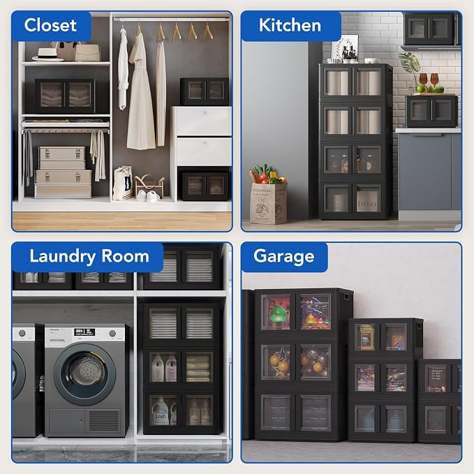 FLEXIMOUNTS 304 QT Stackable Storage Bins With Lids, Collapsible Plastic Storage Bins, Closet Organizers and Storage Containers with Doors and Built-in Wheels For Home, 4 Pack Cubes, Black - Image 7