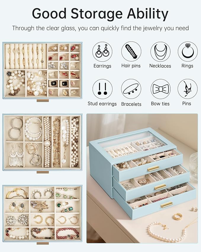 AKOZLIN Jewelry Box with Clear Lid Functional Leather Jewelry Storage Organizer Case 3 Drawers for Women Girls Necklace Ring Bracelet Earring - Image 4