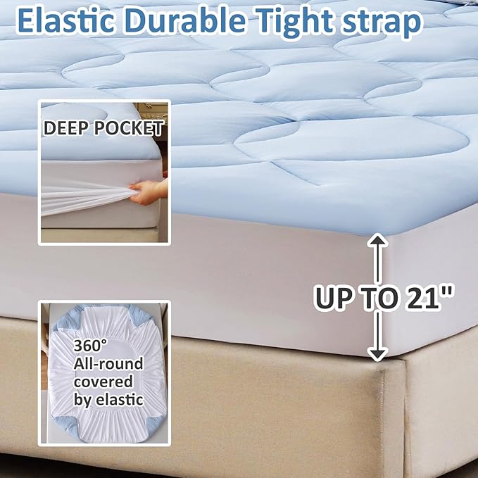 Twin Size Cooling Mattress Pad Waterproof Mattress Topper for Hot Sleepers - Soft Breathable Mattress Cover with 8"-21" Deep Pocket (39×75",Blue)