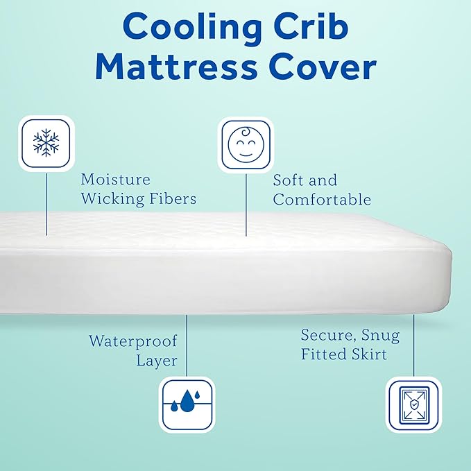 Sealy Baby Cool Comfort Cooling Breathable Waterproof Crib Mattress Protector Pad, Toddler Bed Cover, Infant and Newborn Durable Comfortable Topper, Machine Washable and Dryer Friendly, 52x28”- White