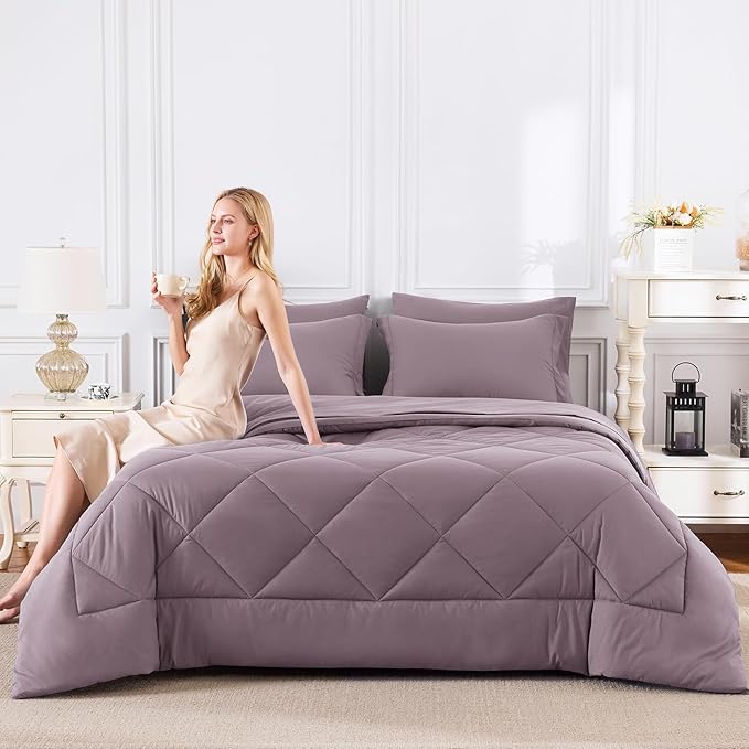 CozyLux Queen Comforter Set Dusty Purple - Bed in a Bag Queen Size 7 Pieces, Soft Bed Set for All Seasons, Bedding Set with Down Alternative Comforter, Sheets, Pillowcases & Shams, Grayish Purple