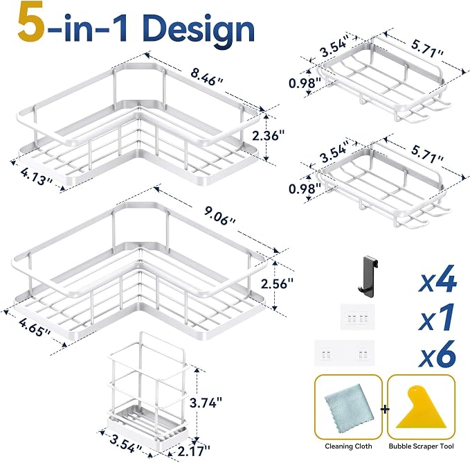 YASONIC Corner Shower Caddy, 5-Pack Adhesive Rustproof Stainless Steel Shower Organizer with Soap Holder, No Drilling Shower Shelf for Inside Shower, Dorm, Renters, White - Image 7