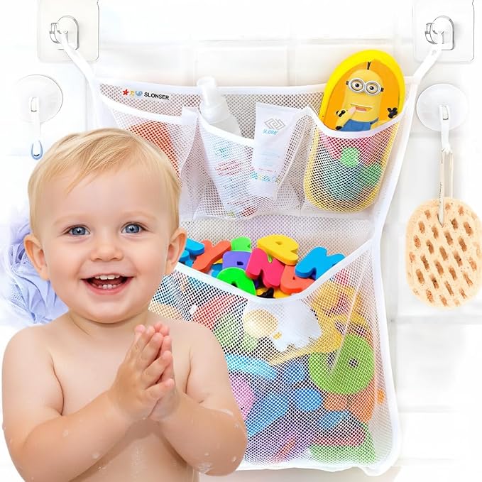 Bath Toy Storage Organizer – Large Mesh Bath Toy Holder & Bath Toy Net for Tub, Quick Dry Bathtub Bag with 2 Strong Suction Cups, 2 Adhesive Hooks, Quick-Dry Hanging Shower Cubby Basket, 14x20 Inch by slonser
