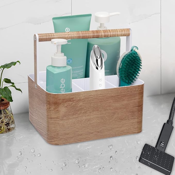 BYUNER Shower Caddy Portable for College: Devided Bathroom Caddy Shower Basket for Dorm with Handle, Plastic Bathroom Counter Organizer Storage Tote Bin for Dorm,Kitchen,Cabinet, Wood Grain - Image 5
