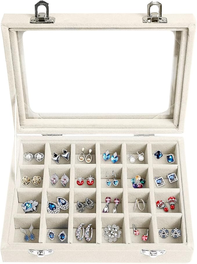 Velvet Jewelry Box 24 Grid Jewelry Earrings Display Organiser Box Ring Tray Holder Earrings Storage Case for Girls Women Wife Mom (Beige) by EONGOA