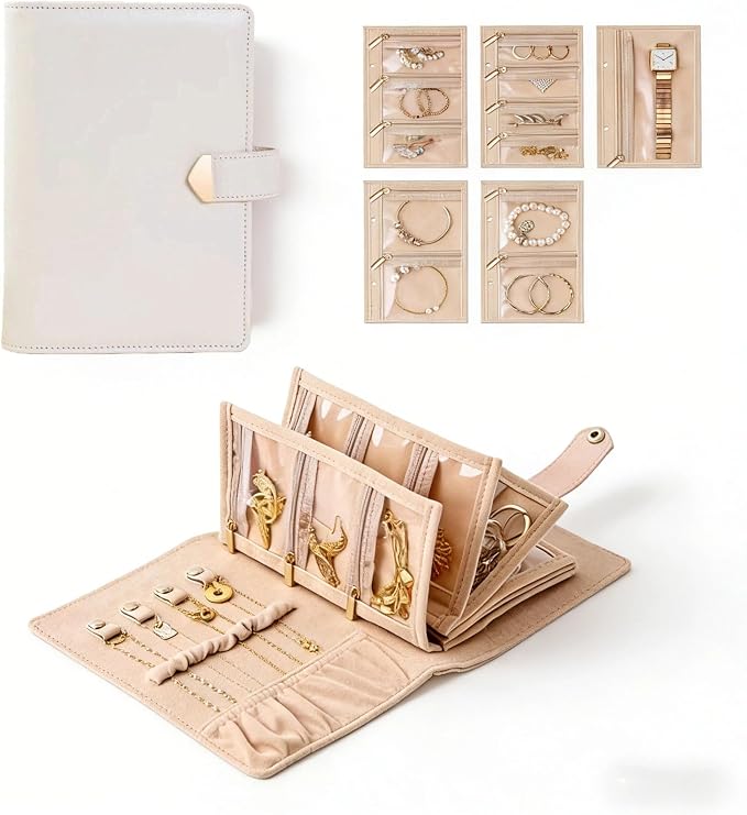 Travel Jewelry Binder Organizer, Portable PU Jewelry Book Organizer with 4 Necklace Clips & 5 Zipper Velvet Pouch For Rings,Necklace,Earrings - Perfect Jewelry Storage Book Gift For Women Girls by WEIKIMFF