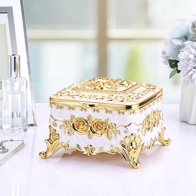 Hipiwe Vintage Jewelry Box Rectangular Trinket Chest Metal Treasure Holder for Ring Earrings Organizer Keepsake Box Gift for Woman, Beige, 5.1" L x 5.1" W x 3.1" H - Image 5