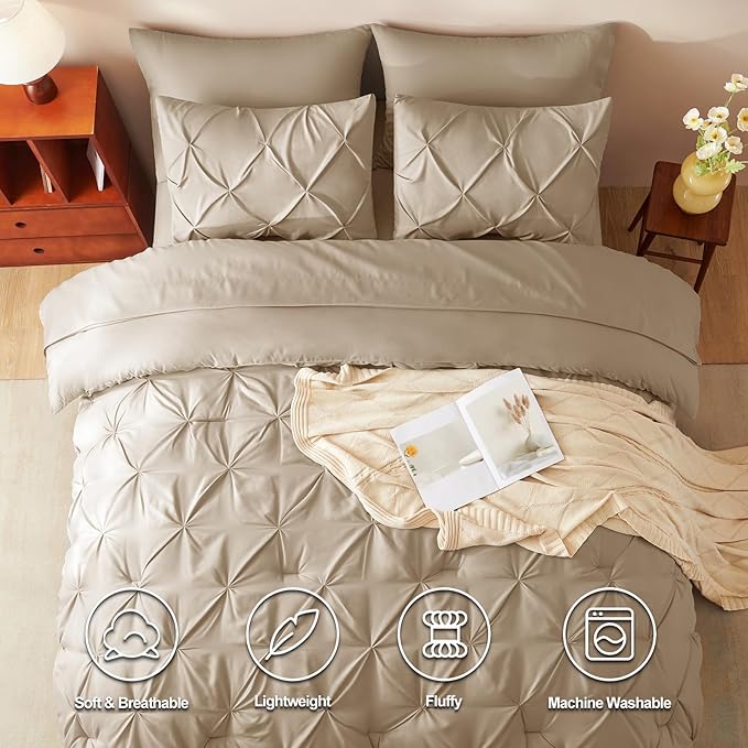 CozyLux Queen Comforter Set Taupe, 7 Pieces Pintuck Bed in A Bag, Premium Taupe Comforter Queen Size, Pinch Pleat Bedding Sets with Comforter, Sheets, Pillowcases & Shams