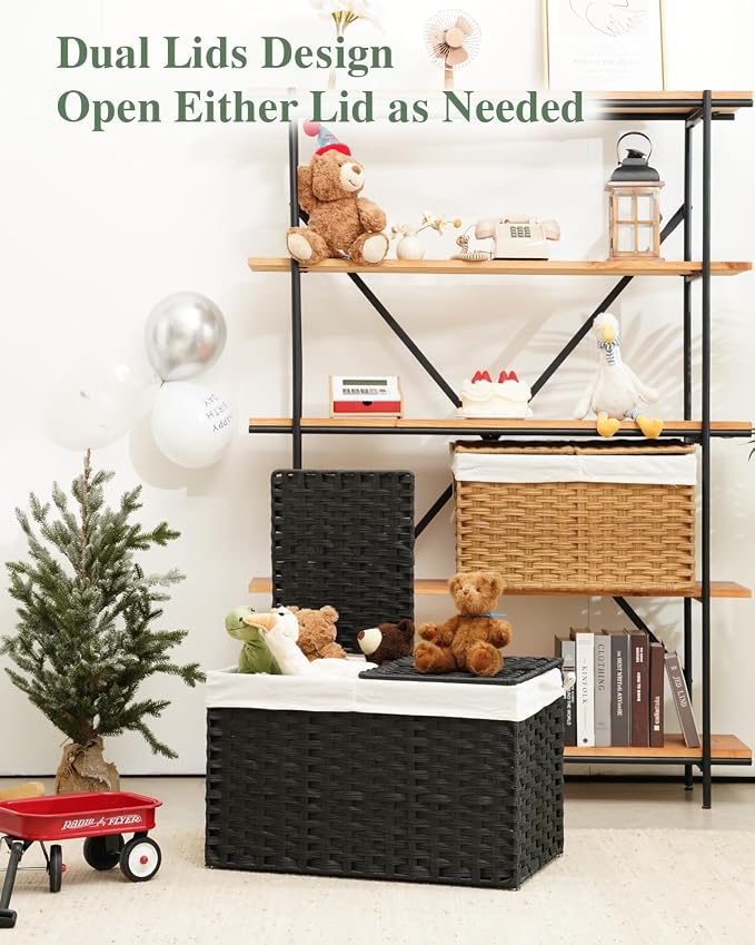 SETVSON Storage Basket with Lid Rattan Storage Basket with 2 Separate Lid, 27.8 Gallon (105 L) 25.2 * 15.4 * 16.1 Inches Woven Wicker Baskets with 2 Liners and Handles for Bedroom Laundry Black - Image 5