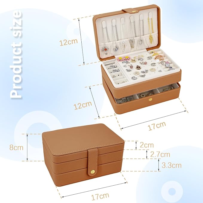 KOOAAICCHI Small Jewelry Box, Travel Jewelry Organizer, Portable Jewelry boxes for Women Girls Gift, Double Layers PU Leather Jewelry Holder for Rings, Earrings, Necklaces-Brown - Image 5