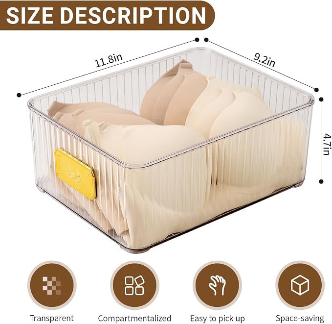 Clear Bra Organizer, Plastic Underwear Drawer Organizer with Lid for Closet, Undergarment Storage Ideal for Socks, Bras, Ties, and Scarves - Image 2