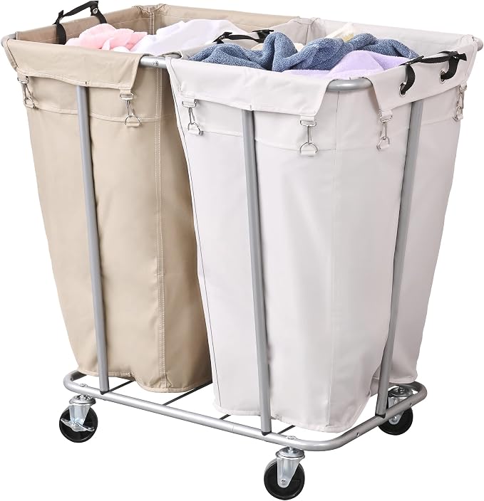 PLKOW Laundry Cart with Wheels 280L Large Laundry Sorter 2 Section for Commercial/Home, Rolling Laundry Cart with Steel Frame and Removable Bag, 8 Bushel, 32.3L x 19.7W x 31.5H Inch by PLKOW