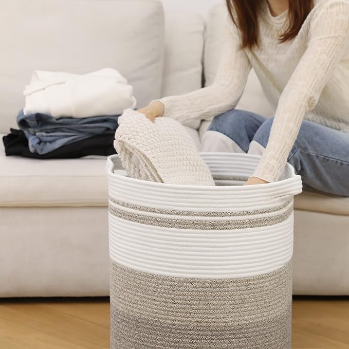 OIAHOMY 58L Laundry Baskets-Laundry Hamper, Storage Basket with Handles, Decorative Basket for Living room, Woven Storage Basket for Toys Bin, Pillows, Blankets, Clothes-18x16in-Gradient Brown - Image 2