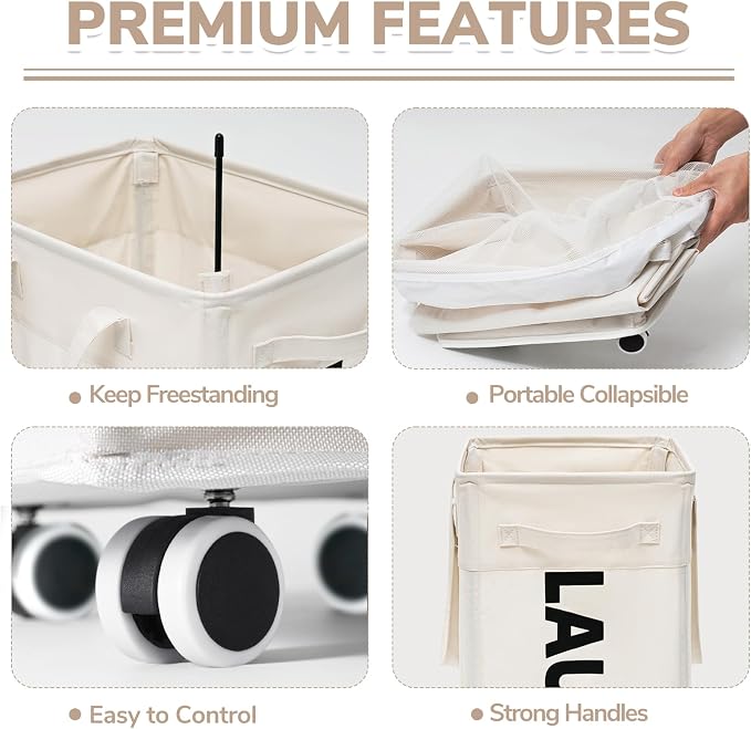 CHICVITA Collapsible Laundry Hamper on Wheels, 75L Clothes Laundry Basket with Removable Wash Bag for Dorms, Clothes Hamper with Handles, White - Image 2