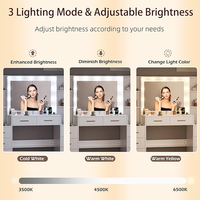 UGTOO 58.3" Large Vanity Desk with Mirror & Lights, Makeup Vanity with 10 LED Lights, 8 Metal Sliding Drawers & 2 Cabinets, White Vanity Set with Power Outlet &3 Lighting Modes Without Stool