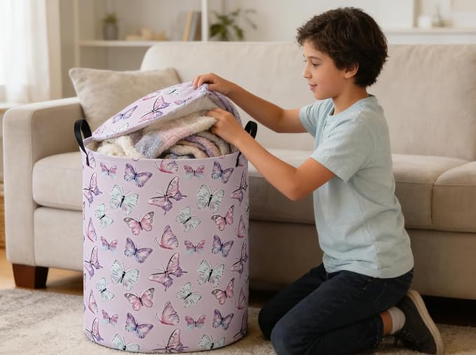 Kids Laundry Basket Animal Hamper for Nursery Butterfly Hamper Cute Kids Storage Bin Organizer Room Decor for Home(Butterfly) - Image 6