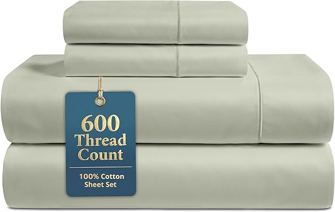 LANE LINEN Queen Sheet Set - 600 Thread Count Premium Soft Long Staple 100% Cotton Sheets, Hotel Luxury Sateen Silky Finish, Snug Fit 15" Deep Pocket, Low Pill, Machine Washable - Mineral