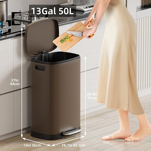 KUK 13 Gallon Kitchen Trash Can with Lid, 50L/13Gal Office Step Garbage Can for Home, Kitchen, Laundry Room, Office, Brushed Stainless Steel, Brown - Image 2