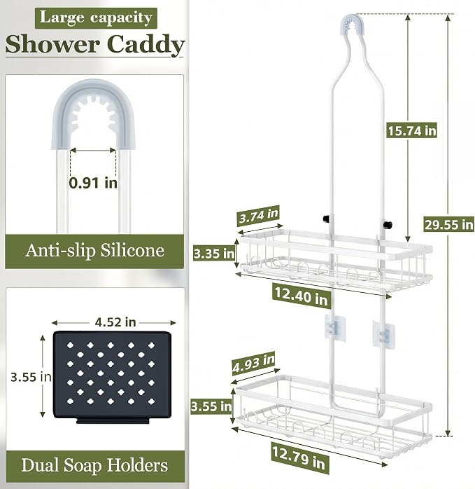 Skyapex Shower Caddy Hanging: Adjustable Height Organizer for Over Showerhead - Rustproof Shower Shelves with Hooks & 2 Soap Holders, White - Image 2