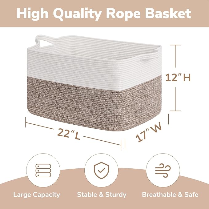 Goodpick Large Blanket Basket 22" x 17" x 12" Woven Storage Baskets for Organizing, Rectangle Baby Toy Storage Basket with Handles, Dirty Clothes Basket for Bedroom - Image 3