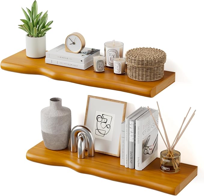 Floating Shelves for Wall Rustic Farmhouse 24 Inch Floating Shelf Wooden Shelves for Wall Mounted Live Edge Pine Shelf with Unique Natural Grain for Living Room Bedroom Kitchen (Honey Walnut) by Unknown