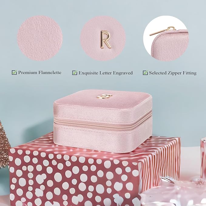 Vlando Small Travel Jewelry Box Organizer Display Case for Rings Earrings Necklaces Storage, Selected Soft Velvet, Letter R Engraved, Pink - Image 2