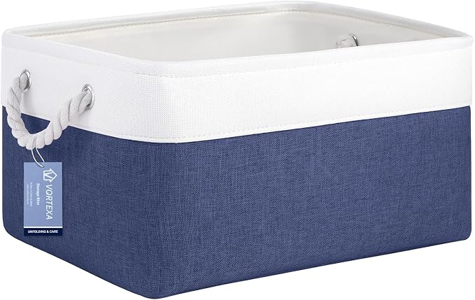 Large Storage Baskets- 15.7x11.8x8.26 inch Storage Bins for Shelves and Closet Organizing, Foldable Fabric Bin for Home Organization Clothes and Laundry (1-Pack, White&Blue) by VQRTEXAStorageBasket