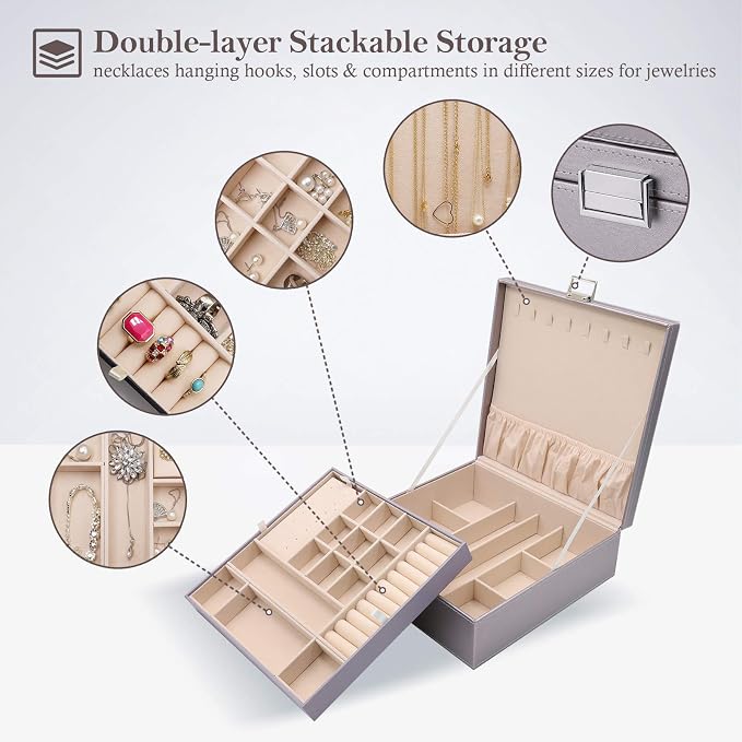 ProCase Jewelry Box for Women, 2 Layers Large Leather Jewelry Organizer Storage Case with Removable Pad for Earrings -Pearlizedsilver - Image 2