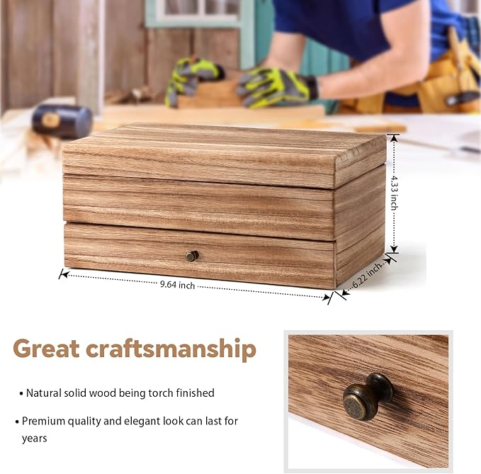 Meangood Jewelry Box Organizer for Women, 2 Layer Large Jewelry Storage Case, Rustic Wooden Jewelry Box with Mirror & Ring Tray for Necklace Earring Bracelets Rings, Vintage Style (Torched Wood) - Image 6