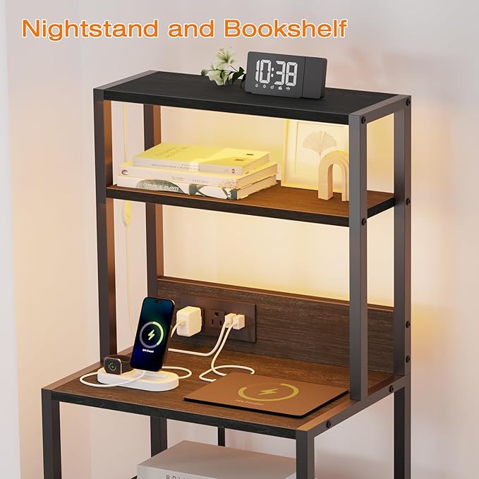 Furnulem Night Stand, Tall Nightstand with 4-Tier Shelves, 2 Fabric Drawers and Light Tube, Bed Side Tables with Charging Station, Bedside Table for Bedroom, Office, Black Oak | 4-Tier Shelves, 2 Fabric Drawers, Light Tube, Bed Side Tables, Charging St...