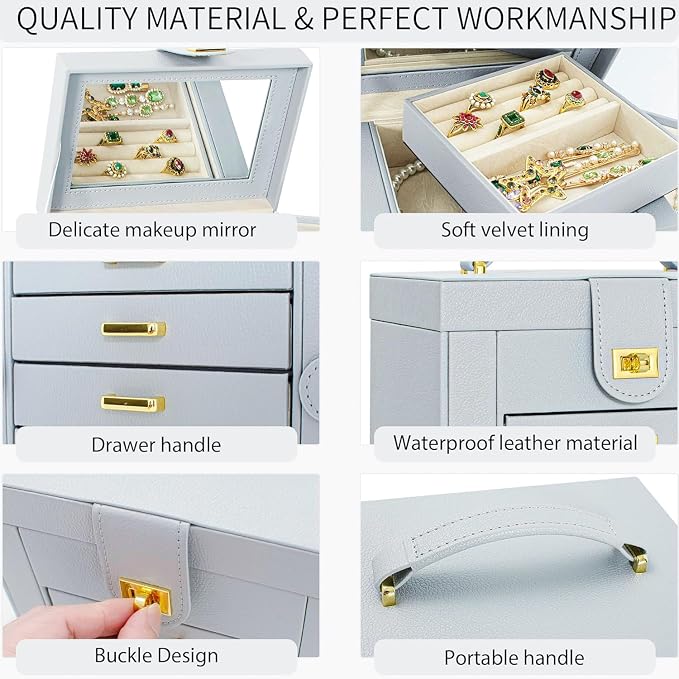 AKOZLIN Functional 6-Tier Jewelry Box Organizer with 5 Drawers Leather Jewelry Storage Case for Women Girls Ring Necklace Earring Bracelet Holder Organizer with Mirror Grey - Image 6