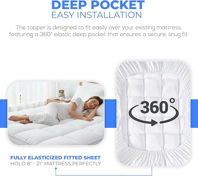 Mattress Topper California King, Plush Pillow Top Extra Thick Mattress Pad Cover, Quilted Fitted Mattress Protector with Deep Elastic Pocket, Overfilled Down Alternative Filling Bed Toppers