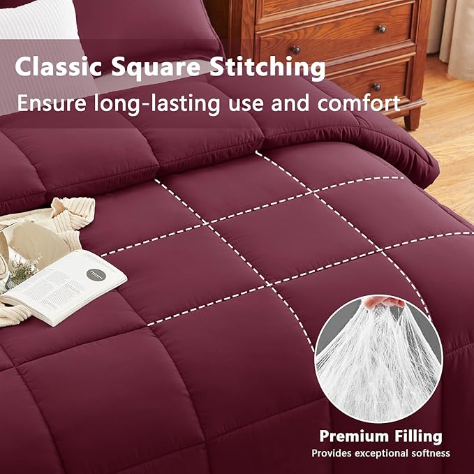 CozyLux Queen Comforter Set - Burgundy Comforters Queen Size, 3 Pieces Box Stitched Bed Set for All Seasons, Soft Lightweight Bedding Sets with 1 Down Alternative Comforter and 2 Pillow Shams
