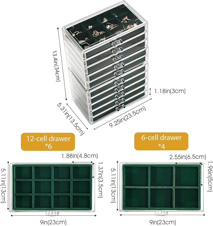 ProCase Earring Holder Organizer Jewelry Box with 10 Drawers, Acrylic Clear Earring Case with Adjustable Velvet Trays for Women - Emerald,10 Layers - Image 4