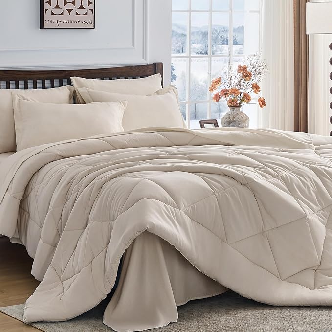 HEVUMYI Beige Tan King Comforter Set - 7-Piece All Season Bed in a Bag King, Ultra Soft Bedding Set with Comforter, Flat Sheet, Fitted Sheet, Pillowcases, Pillow Shams, Beige Tan